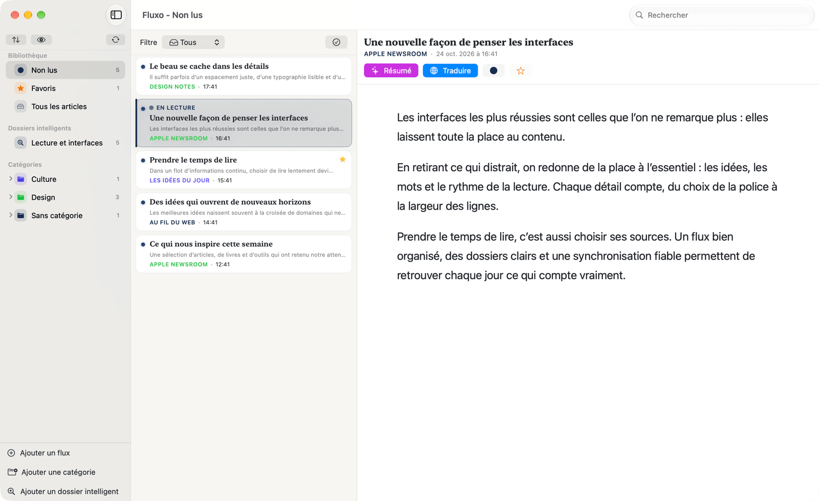 La fenêtre de Fluxo Reader sur Mac.